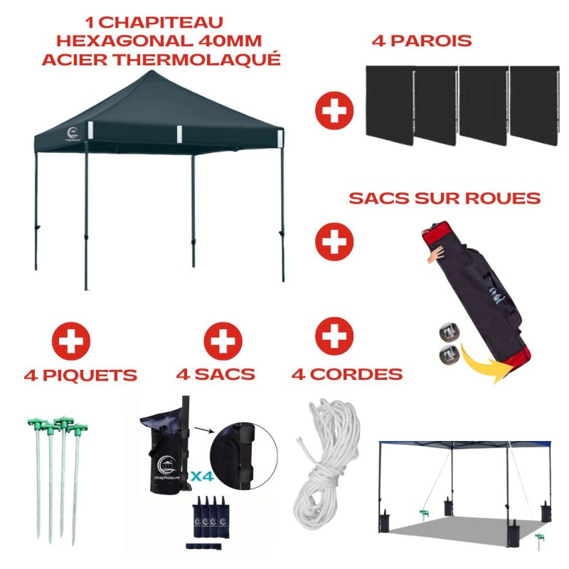 Mega Pack 3x3m pied hexagonal 40 mm CHAPITEAU IMPERMÉABLE PLIABLE 3x3m avec parois en 210 T