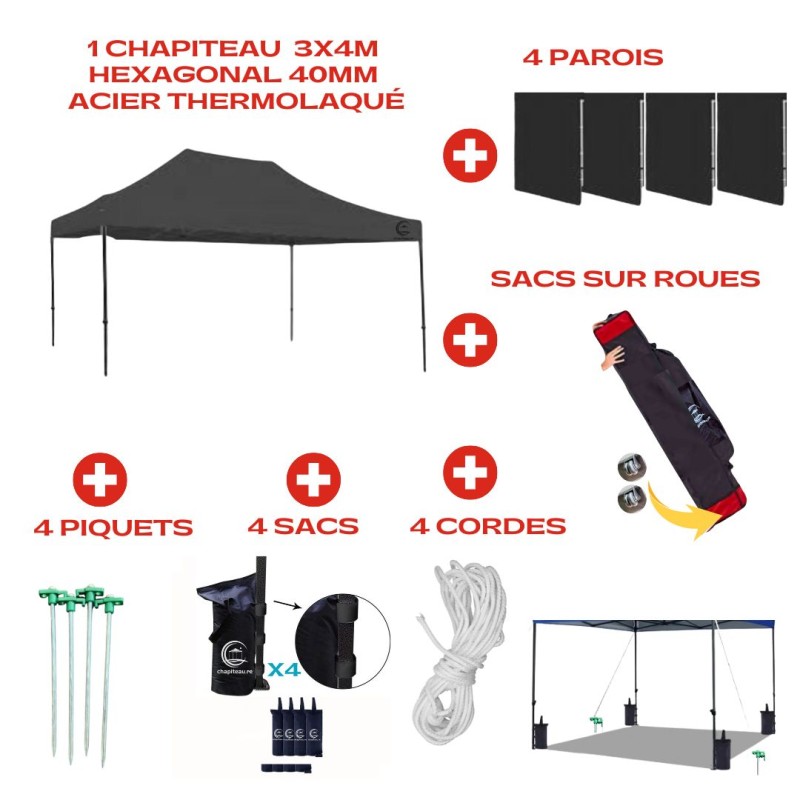 Mega Pack 3x4m pied hexagonal 40 mm CHAPITEAU IMPERMÉABLE PLIABLE