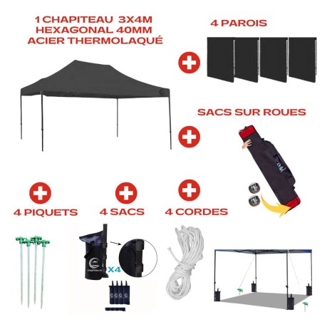 Mega Pack 3x4m pied hexagonal 40 mm CHAPITEAU IMPERMÉABLE PLIABLE