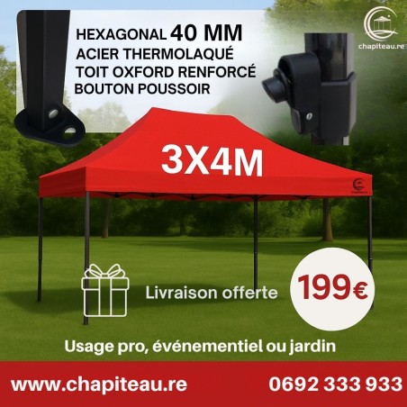 Chapiteau 3x4 m Acier HEXAGONAL 40mm Toit oxford 420D
