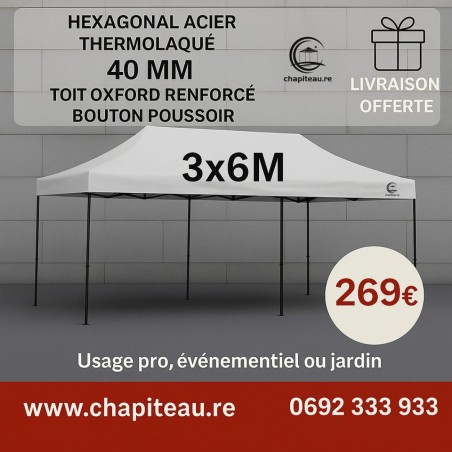 Chapiteau 3x6 m Acier HEXAGONAL 40mm Toit oxford renforcé tente abri barnum imperméable professionnel ( toit+structure)
